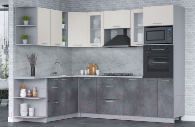 Кухонный гарнитур Интерлиния Мила 1.88x2.6 левая (персидский жемчуг/бетон портленд/серый каспий)