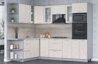 Кухонный гарнитур Интерлиния Мила 1.88x2.6 левая (персидский жемчуг/персидский жемчуг/травертин серый)