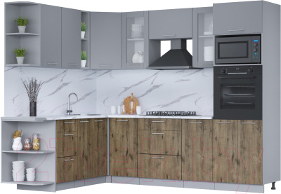 Кухонный гарнитур Интерлиния Мила 1.88x2.6 левая (серебро/дуб веллингтон/белый гранит) - фото