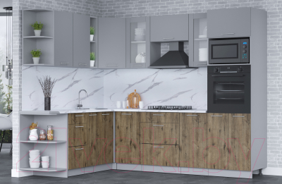 Кухонный гарнитур Интерлиния Мила 1.88x2.6 левая (серебро/дуб веллингтон/белый гранит)