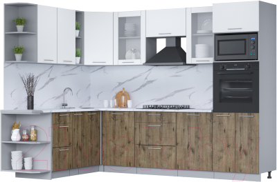 Кухонный гарнитур Интерлиния Мила 1.88x2.8 левая (белый платинум/дуб веллингтон/белый гранит) - фото