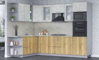 Кухонный гарнитур Интерлиния Мила 1.88x2.8 левая (бетон лайт/дуб золотой/опал светлый)