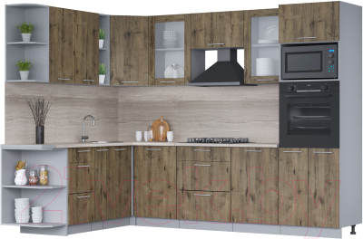 Кухонный гарнитур Интерлиния Мила 1.88x2.8 левая (дуб веллингтон/дуб веллингтон/травертин серый) - фото