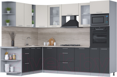 Кухонный гарнитур Интерлиния Мила 1.88x2.8 левая (персидский жемчуг/антрацит/травертин серый) - фото