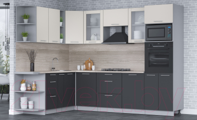 Кухонный гарнитур Интерлиния Мила 1.88x2.8 левая (персидский жемчуг/антрацит/травертин серый)