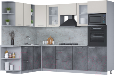 Кухонный гарнитур Интерлиния Мила 1.88x2.8 левая (персидский жемчуг/бетон портленд/серый каспий) - фото