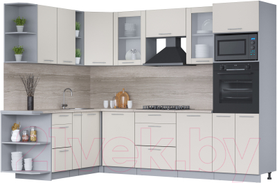 Кухонный гарнитур Интерлиния Мила 1.88x2.8 левая (персидский жемчуг/персидский жемчуг/травертин серый) - фото
