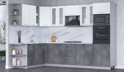 Кухонный гарнитур Интерлиния Мила 1.88x3.0 левая (белый платинум/бетон портленд/белый гранит)