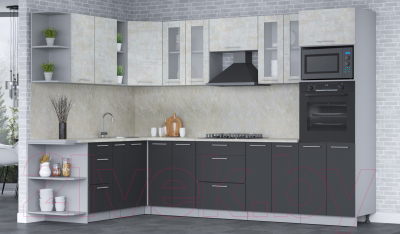 Кухонный гарнитур Интерлиния Мила 1.88x3.0 левая (бетон лайт/антрацит/опал светлый)