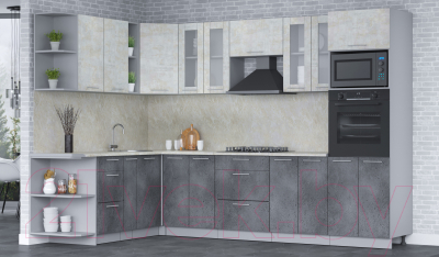 Кухонный гарнитур Интерлиния Мила 1.88x3.0 левая (бетон лайт/бетон портленд/опал светлый)