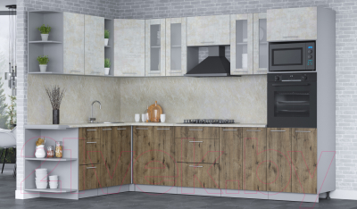 Кухонный гарнитур Интерлиния Мила 1.88x3.0 левая (бетон лайт/дуб веллингтон/опал светлый)