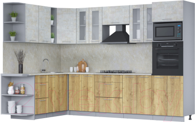 Кухонный гарнитур Интерлиния Мила 1.88x3.0 левая (бетон лайт/дуб золотой/опал светлый) - фото