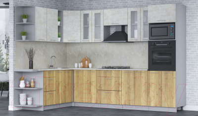 Кухонный гарнитур Интерлиния Мила 1.88x3.0 левая (бетон лайт/дуб золотой/опал светлый)