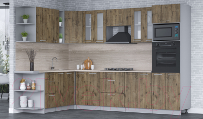 Кухонный гарнитур Интерлиния Мила 1.88x3.0 левая (дуб веллингтон/дуб веллингтон/травертин серый)