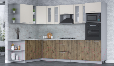 Кухонный гарнитур Интерлиния Мила 1.88x3.0 левая (персидский жемчуг/дуб веллингтон/серый каспий)