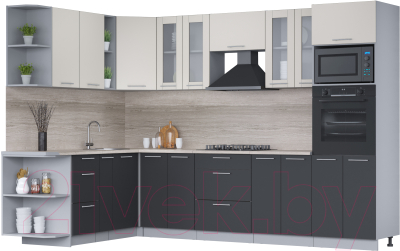 Кухонный гарнитур Интерлиния Мила 1.88x3.0 левая (персидский жемчуг/антрацит/травертин серый) - фото