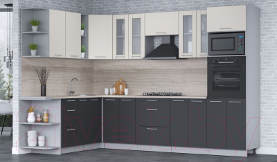 Кухонный гарнитур Интерлиния Мила 1.88x3.0 левая (персидский жемчуг/антрацит/травертин серый)