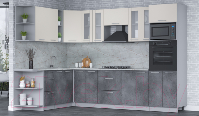 Кухонный гарнитур Интерлиния Мила 1.88x3.0 левая (персидский жемчуг/бетон портленд/серый каспий)