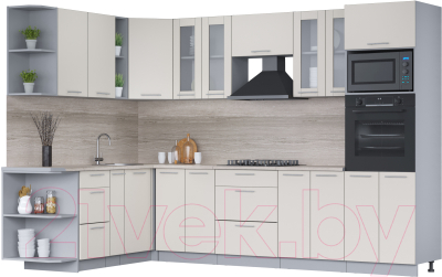 Кухонный гарнитур Интерлиния Мила 1.88x3.0 левая (персидский жемчуг/персидский жемчуг/травертин серый) - фото