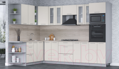 Кухонный гарнитур Интерлиния Мила 1.88x3.0 левая (персидский жемчуг/персидский жемчуг/травертин серый)