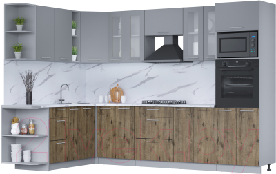 Кухонный гарнитур Интерлиния Мила 1.88x3.0 левая (серебро/дуб веллингтон/белый гранит) - фото