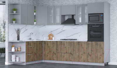 Кухонный гарнитур Интерлиния Мила 1.88x3.0 левая (серебро/дуб веллингтон/белый гранит)