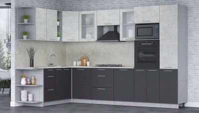 Кухонный гарнитур Интерлиния Мила 1.88x3.2 левая (бетон лайт/антрацит/опал светлый)