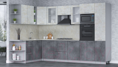 Кухонный гарнитур Интерлиния Мила 1.88x3.2 левая (бетон лайт/бетон портленд/опал светлый)