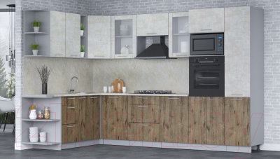 Кухонный гарнитур Интерлиния Мила 1.88x3.2 левая (бетон лайт/дуб веллингтон/опал светлый)