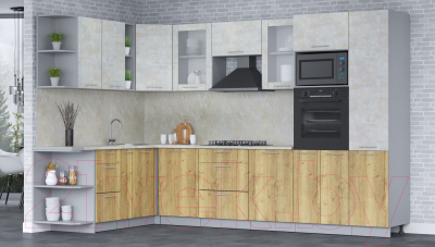 Кухонный гарнитур Интерлиния Мила 1.88x3.2 левая (бетон лайт/дуб золотой/опал светлый)