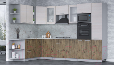 Кухонный гарнитур Интерлиния Мила 1.88x3.2 левая (вудлайн кремовый/дуб веллингтон/серый каспий)