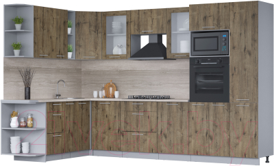 Кухонный гарнитур Интерлиния Мила 1.88x3.2 левая (дуб веллингтон/дуб веллингтон/травертин серый) - фото