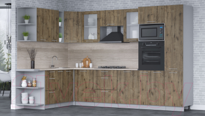 Кухонный гарнитур Интерлиния Мила 1.88x3.2 левая (дуб веллингтон/дуб веллингтон/травертин серый)