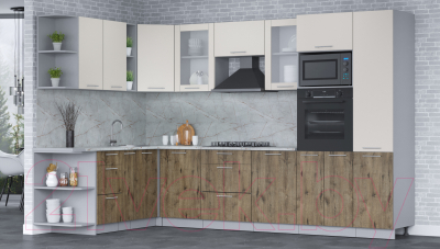 Кухонный гарнитур Интерлиния Мила 1.88x3.2 левая (персидский жемчуг/дуб веллингтон/серый каспий)