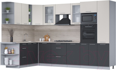 Кухонный гарнитур Интерлиния Мила 1.88x3.2 левая (персидский жемчуг/антрацит/травертин серый) - фото