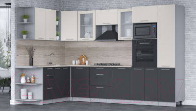 Кухонный гарнитур Интерлиния Мила 1.88x3.2 левая (персидский жемчуг/антрацит/травертин серый)