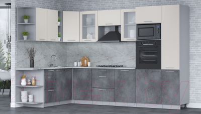 Кухонный гарнитур Интерлиния Мила 1.88x3.2 левая (персидский жемчуг/бетон портленд/серый каспий)