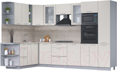 Кухонный гарнитур Интерлиния Мила 1.88x3.2 левая (персидский жемчуг/персидский жемчуг/травертин серый) - фото