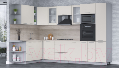 Кухонный гарнитур Интерлиния Мила 1.88x3.2 левая (персидский жемчуг/персидский жемчуг/травертин серый)