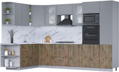 Кухонный гарнитур Интерлиния Мила 1.88x3.2 левая (серебро/дуб веллингтон/белый гранит) - фото