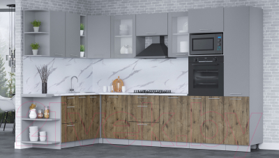 Кухонный гарнитур Интерлиния Мила 1.88x3.2 левая (серебро/дуб веллингтон/белый гранит)