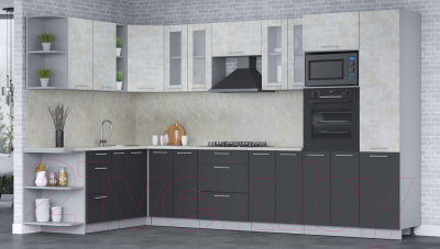 Кухонный гарнитур Интерлиния Мила 1.88x3.4 левая (бетон лайт/антрацит/опал светлый)