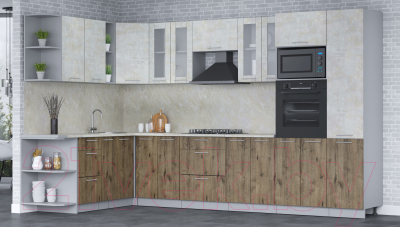 Кухонный гарнитур Интерлиния Мила 1.88x3.4 левая (бетон лайт/дуб веллингтон/опал светлый)