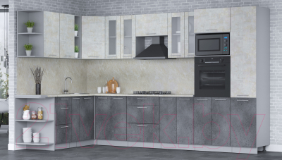 Кухонный гарнитур Интерлиния Мила 1.88x3.4 левая (бетон лайт/бетон портленд/опал светлый)