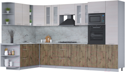 Кухонный гарнитур Интерлиния Мила 1.88x3.4 левая (вудлайн кремовый/дуб веллингтон/серый каспий) - фото