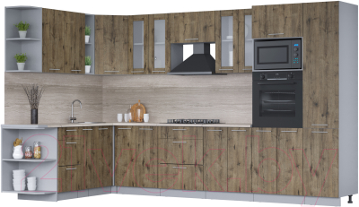 Кухонный гарнитур Интерлиния Мила 1.88x3.4 левая (дуб веллингтон/дуб веллингтон/травертин серый) - фото