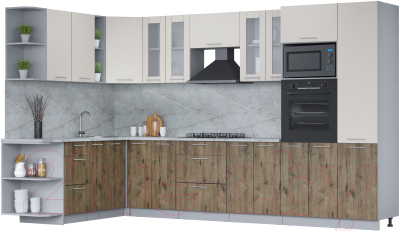 Кухонный гарнитур Интерлиния Мила 1.88x3.4 левая (персидский жемчуг/дуб веллингтон/серый каспий) - фото