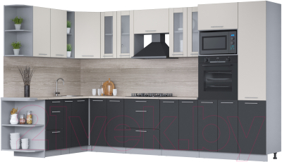 Кухонный гарнитур Интерлиния Мила 1.88x3.4 левая (персидский жемчуг/антрацит/травертин серый) - фото