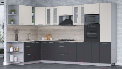 Кухонный гарнитур Интерлиния Мила 1.88x3.4 левая (персидский жемчуг/антрацит/травертин серый)