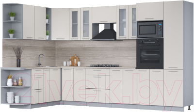 Кухонный гарнитур Интерлиния Мила 1.88x3.4 левая (персидский жемчуг/персидский жемчуг/травертин серый) - фото